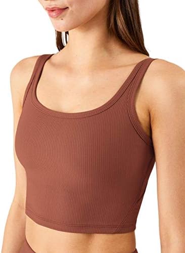 KIKIWING Women's Seamless Sports Bra Workout Crop Top Tank Tops for Women Long Lined Sports Bra Ribbed Crop Top Fitness Bronze M
