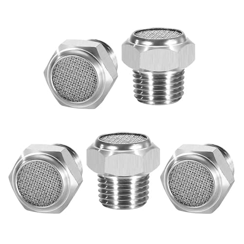 MOUMOUTEN 5Pcs Air Pneumatic Mufflers, NPT1/8" Male Thread 304 Stainless Steel Flat Head Mesh Silencer Fitting for Industrial Grade Air Compressor Tools, Automotive Workshop