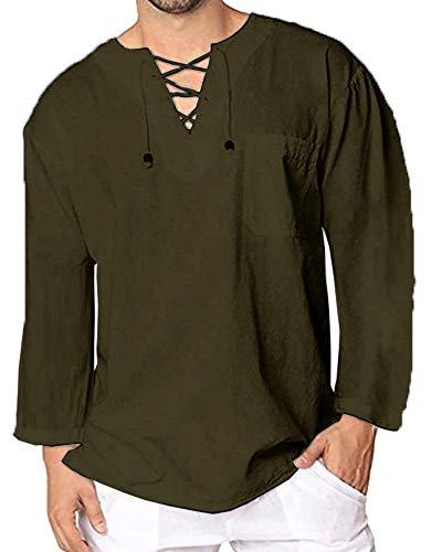 Enjoybuy Mens Long Sleeve Henley Shirts Lace Up V Neck Shirts Summer Casual Loose Fit Cotton Beach Shirts