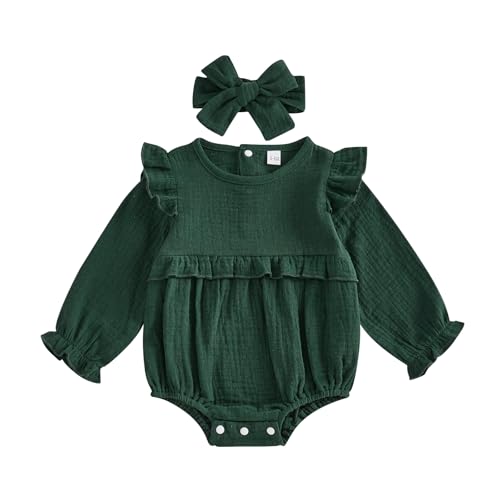 Image of Mobbdow Newborn Infant Baby Girl Clothes Cotton Linen Long Sleeve Smocked Bubble Romper Ruffle Bodysuit Jumpsuit Fall Outfit