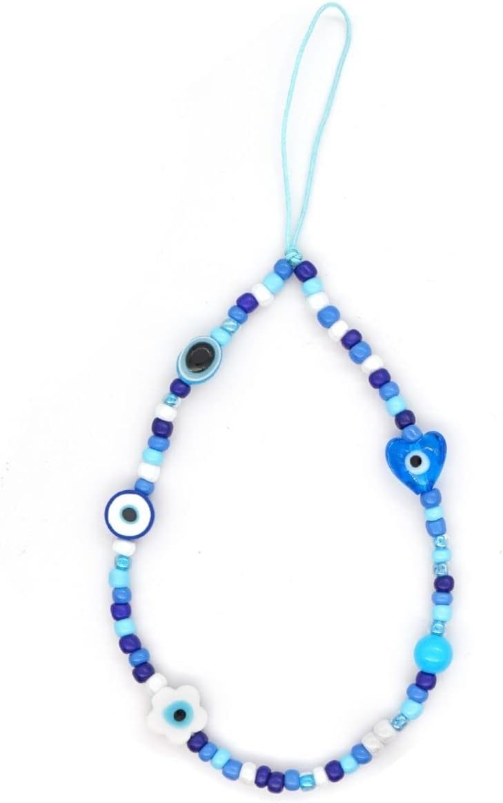 Meefisher Beaded Evil Eye Phone Charm Lanyard Wrist Strap Cute Flower Charms Anti-Lost Chain Aesthetic Accessories Love Protection Gifts for Women (Blue Flower Evil Eye)