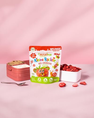 BIO Frucht Snack für Kinder: 6x15g Erdbeeren Gefriergetrocknet BIO – Gefriergetrocknete Früchte – Getrocknete Früchte – Kleine Racker von NutriPur