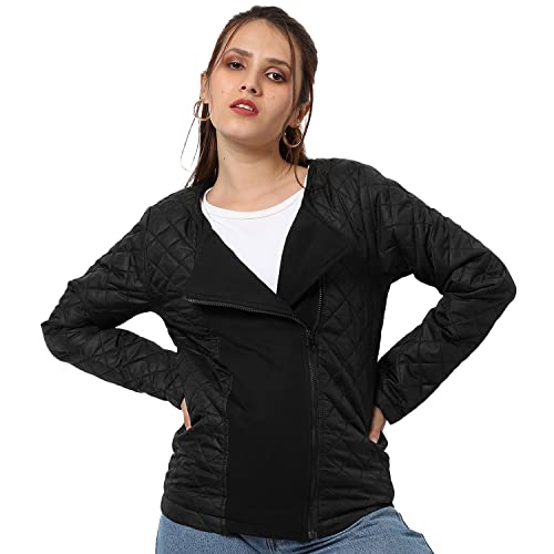 Image of Campus Sutra Women Black Regular Fit Bomber Jacket For Winter Wear | Standing Collar | Full Sleeve | Zipper | Casual Jacket For Woman & Girl | Western Stylish Jacket For Women
