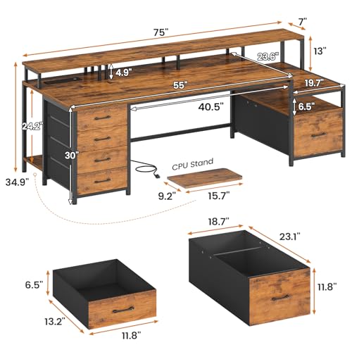 Image of SEDETA Home Office Desk with File Drawer & Power Outlet, 75'' Large Computer Desk with 5 Drawer, Storage Shelves, Monitor Shelf and Led Lights, 23.6 inch W Desktop Gaming Desk, Rustic Brown