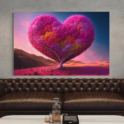 Toile abstraite cœur rose et arbre impression haut de gamme en 80 x 110 cm