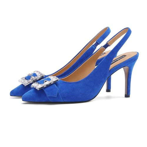 Stylish Royal Blue and RED Kitten Heels Slingback Shoes Diamond Fastener Decorated Closed Toe Party Dress Shoes Women Pumps2