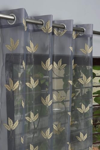 Galaxy Home Decor Premium Sheer Net Embroidery Curtain for Door 7 Feet | Transparent Net Fabric with Leaf Design | Pack of 1, Grey