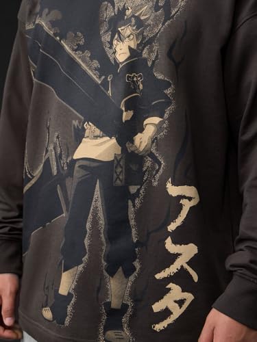 Image of The Souled Store Black Clover: Asta Men and Boys Long Sleeves Round Neck Charcoal Grey Graphic Printed Anime Drop Shoulder Casual Drop Shoulder Oversized Full Sleeve T-Shirt