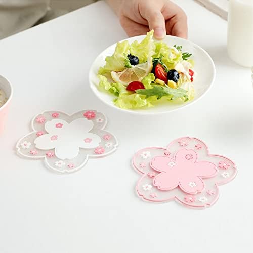 YouMen 4Pcs PVC Cherry Blossom Coasters Bowl Mats Cute Non-Slip Sakura Placemat Coaster 11.5cm Soft Sakura Cup Mats Pad for Coffee Table,Restaurants,Hotels,Offices,Home,Coffee Shops (2Pink+2White)