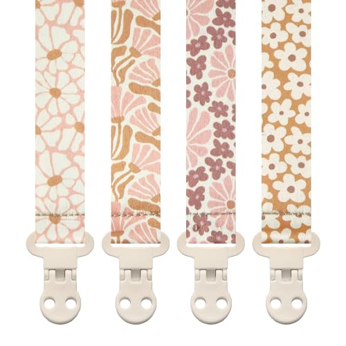 Image of Stadela Baby Pacifier Clip Holder - Girl 4 Pack Gift Set – Boho Modern Pink and Beige Flowers Floral (Nolana)