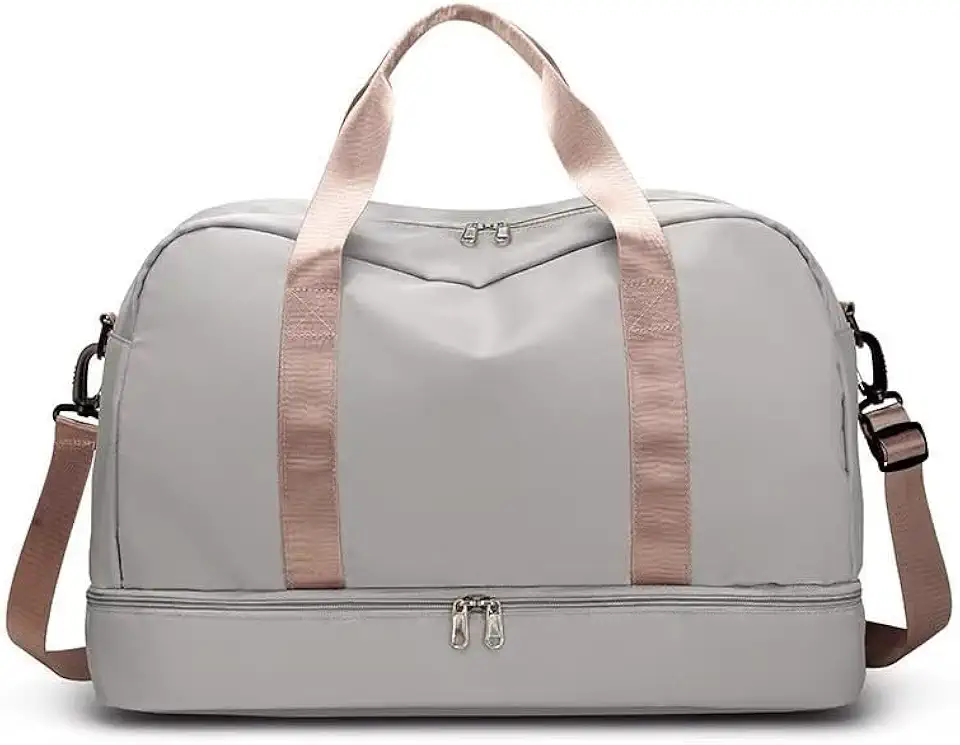 Bolsa Mala Para Viagem Academia De Grande Capacidade De Camada Dupla(Cinza alça Rosa)