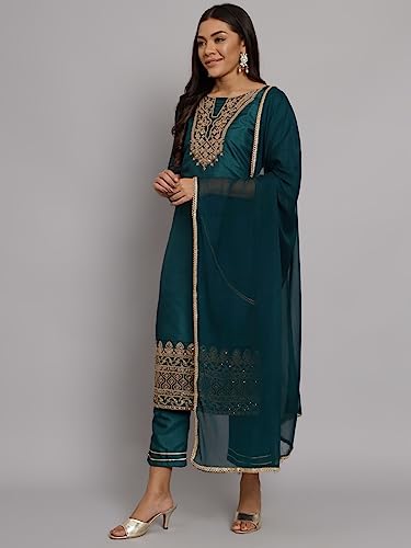 Image of VredeVogel Women's Silk Blend Embroidered Kurta with Pant & Nazneen Dupatta Set