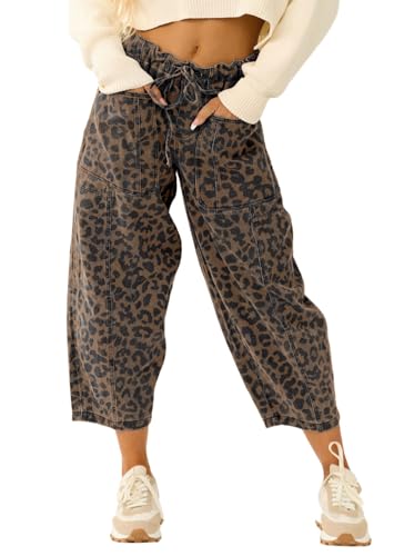 loveimgs Women Loose Leopard Print Cropped Denim Pants Barrel Jeans Elastic Waist Cheetah Wide Leg Harem Pants