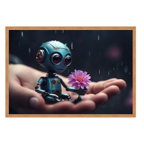GAEKKO Quadro da parete Robot con fiore su vetro acrilico con cornice in vetro acrilico 30 x 20 cm