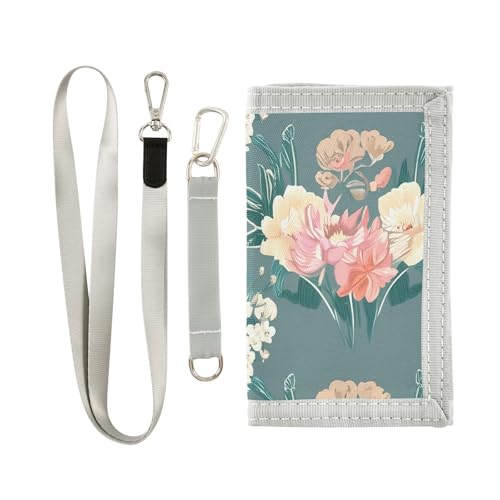 Flowers Elegant Gray - Blue Kids Wallet for Boys Girls Trifold Sport Outdoor Wallets for Children Youth Teen Wallet with Zippered Coin Pockets Card Holders Novelty Wallets with Magic Sticker