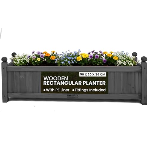 My Garden Wooden Rectangular Trough Planter with PE Liner - 90 x 20 x 34 cm Weather Resistant Wooden Planter Box for Patios, Gardens & Decking - UV Resistant, Easy Assembly, Ideal for Plants & Shrubs