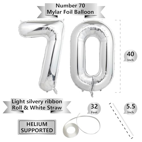 Image of Number Balloons Silver Party Balloon - Giant Number 70 Balloon, 40 Inch Large Balloon for 70th Birthday Decorations, Silver Party Supplies for Anniversary