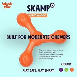 West paw zogoflex air skamp tug of war stick dog chew toy  hollow squishy interactive toy for dogs puppies  for chewing catch carry fetch dishwasher safe latex free large 8 5 melon   cucciolini doodles