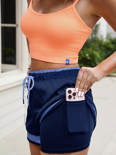 Fisoew Women Athletic Shorts 2 in 1 Running High Split Color Block Workout Yoga Mesh Shorts Pocket Drawstring Dark Blue - Thumbnail 2