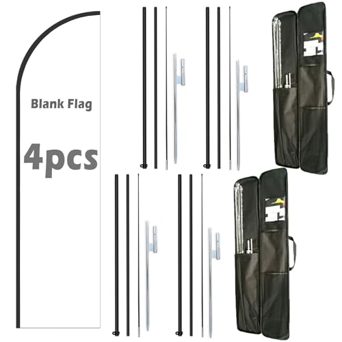 Paquete completo de 4 postes de bandera de plumas – Kit de poste de bandera Swooper de publicidad comercial, contiene pancarta en blanco de 8 pies para impresión de bricolaje, mástil de bandera de 12