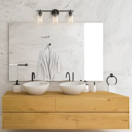 Image of Globe Electric 65556 All-in-One 5-Piece Bathroom Set, Matte Black Finish, 3-Light Vanity with Clear Glass Shades, Towel Ring, Toilet Paper Holder, Robe Hook, and Towel Bar, Modern Bathroom Lighting
