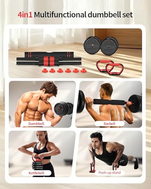 Adjustable Dumbbells,20/30/40/60/80lbs Free Weight Set with Connector, 4 in1 Dumbbells Set Used as Barbell/Kettlebells/Push up Stand, Fitness Workout Equipment for Home Gym for Youth,Women/Men