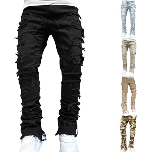 Ytfsrukp Mens Black Stacked Jeans Slim Fit Ripped Jeans Destroyed Straight Denim Pants Harajuku Hip Hop Trouser Streetwear