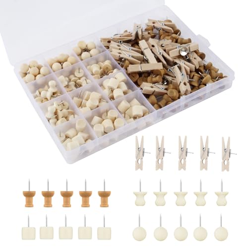 Juego de 200 alfileres de madera pequeños, chinchetas, 5 estilos, miniclavos de arroz, pins de madera con caja, agujas de viaje, para manualidades, placa de corcho, fotos, carteles, pinadel