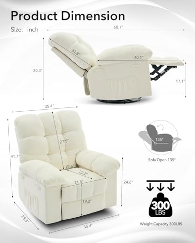 Sillón reclinable giratorio ancho beige chenille miniatura 3