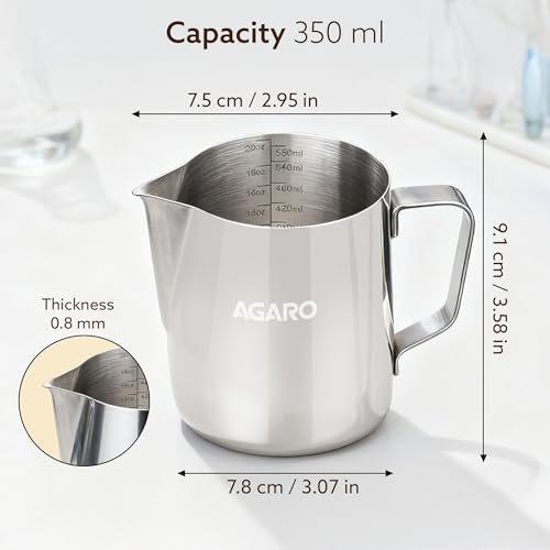 Image of AGARO Milk Frothing Pitcher - 350ml Stainless Steel Coffee Jug with Latte Art Pen | Durable 304 Steel Espresso Pitcher for Milk Frothing, Cappuccino & Barista Tools