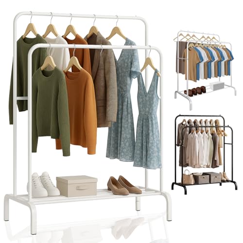 EveryKip® Burro Ropa | Perchero de Ropa Resistente Blanco | 110X150X54Cm | Con Soporte para Zapatos | Fácil Montaje | Organizador Colgador Para Ropa Doble