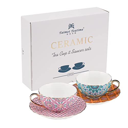Taimei Teatime Tea Cups And Saucers Set Of 2 (6 Oz) Porcelain Tea Cup Set In Bohemia Style Bundle With Taimei Teatime Cherry Rose Herbal Tea, Organic Fruit Loose Leaf Tea Bags(20 Pics|80G) #TOP7
