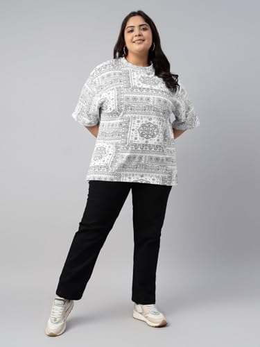 Image of JUNEBERRY 100% Pure Cotton Oversized Baggy Fit Stylish Paisley Bandana Print Half Sleeve Plus Size T-Shirt for Women & Girls (Sizes: 2XL to 5XL)