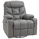 HOMCOM Recliner Armchair, Swivel PU Leather Manual Reclining Chair with Adjustable Leg Rest, Drink Holders, Side Pockets, Rocker Chair for Home Living Room, Light Grey