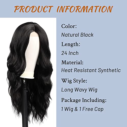 Long Black Wavy Wig for Women 24 Inch Middle Part Curly Synthetic Hair Natural Looking Heat Resistant Fiber for Daily Party Use (Black) - Image 2