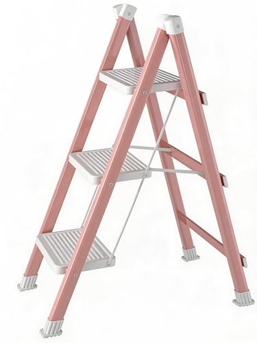 DIAMONDFORGE 3 Step Folding Ladder Heavy Duty Steel Step Stool with Anti-Slip Wide Pedal & Anti-Slip Feet 600 lbs Capacity Safety Ladder for Home and Office Pink White