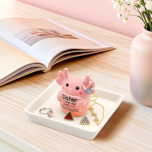 Image of Sister Birthday Gifts for Sister, Pink Ceramic Axolotl Ring Holder Dish | Cute Pink Axolotl Jewlery Tray with 'I love you axolotl' Birthday Christmas Gift for Sister from Brother
