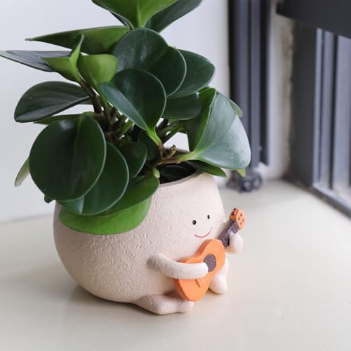 Image of Smily Face Planter Pot with Drainage Hole Cute Resin Head Planters for String of Pearls Plant Live Unique Guitar Succulent Pots for Indoor Outdoor Plants Gift Idea