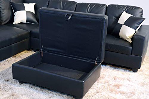 DHHU L Shape, Living Room Furniture Storage Seat, Upholstered Sectionals Sofa with Ottoman, for Home Apartment Office, 103" x 74.5" x 35", Black Leather Couches Set