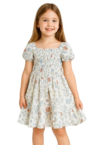 Girls Puff Sleeve Summer Dress – Cotton Smocked Sundress for 5–8 Years