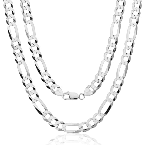 Aka Gioielli - Italian 925 Sterling Silver 9mm Diamond-Cut Figaro Link Chain - Solid Sterling Silver Necklace for Men and Women - Made in Italy