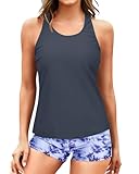 Yonique 3 Piece Swimsuits for Women Athletic Tankini Teen Bathing Suit Tummy Control Modest Swimwear with Boy Shorts Gray&Blue Tie Dye L