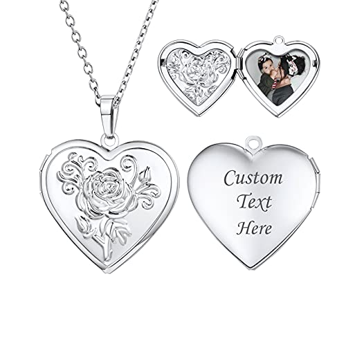 U7 Locket Necklace for Women, Silver/Gold/Rose Gold Custom Photo Text Necklaces, Flower Heart/Round Shape Personalized Picture Pendant Necklace 18 Inc