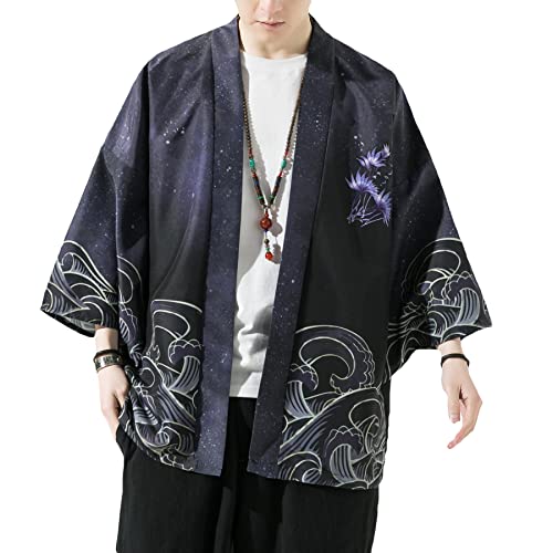Image of Men's Japanese Kimono Robe Jacket Lightweight 3 /4 Sleeve Open Front Yukata | Silky Smooth Fashion Print Happi Coat Lightweight Breathable Loose Unisex Haori Casual Summer Cardigan Daily Beach Vacation