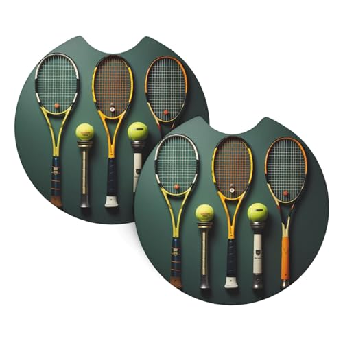 Juego de 2 posavasos para coche con pelotas de tenis y raquetas, se adapta a portavasos, accesorios interiores de automóviles de 2.7 pulgadas.