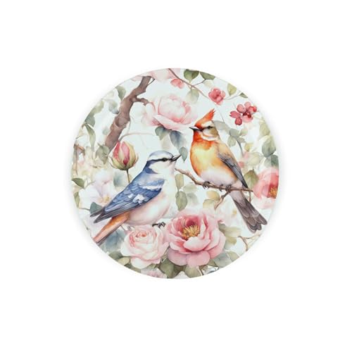 Dessous de plat rond en verre avec pieds antidérapants Motif floral oiseaux et roses 20 x 20 cm