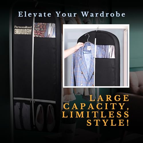 Personalized Garment bag with Name for Hanging Clothes - Custom Black Suit Bags for Closet Storage with 2 Mesh Pockets for Men & Women - Ideal for Wedding Dress Garment Bag Storage with Carry Handles - Thumbnail 6