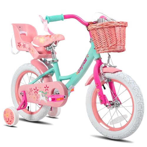 JOYSTAR Unicorn 14 Inch Kids Bike for 3 4 5 Years Girls with Doll Bike Seat Children Princess Bicycle with Training Wheels Basket Streamer Toddler Cycle Bikes Green