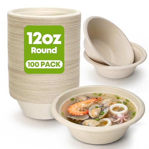 W&Y 12 oz Paper Bowls, 100-Count Disposable Compostable Bowls, Microwave Safe & Heavy Duty, Biodegradable Sugarcane Fiber Bowl for Hot Soup, Salad, Snacks, and Party Use