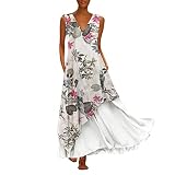 Bringbring 2021 Robe Longue Vintage pour Femme Grande Taille Casual Chic Pas Cher Décontracté Manche sans Robe Style de Vacances Été Imprimé Floral Robe Djellaba Col en V Boho Maxi Robes avec Poches